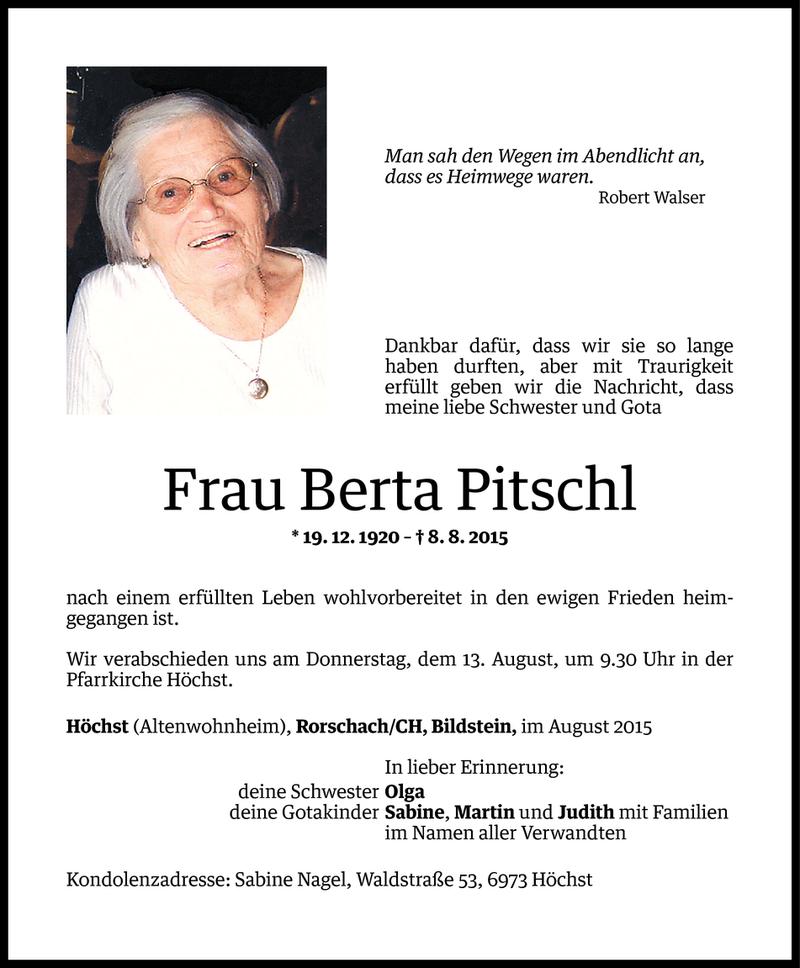  Todesanzeige für Berta Pitschl vom 10.08.2015 aus Vorarlberger Nachrichten