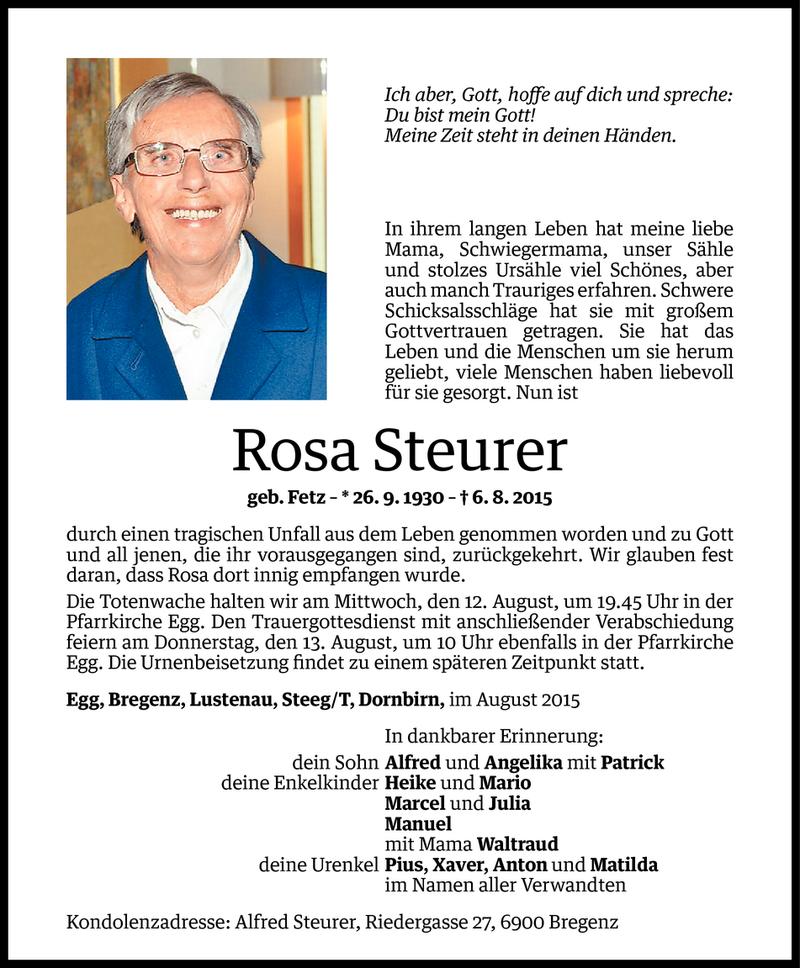  Todesanzeige für Rosa Steurer vom 10.08.2015 aus Vorarlberger Nachrichten