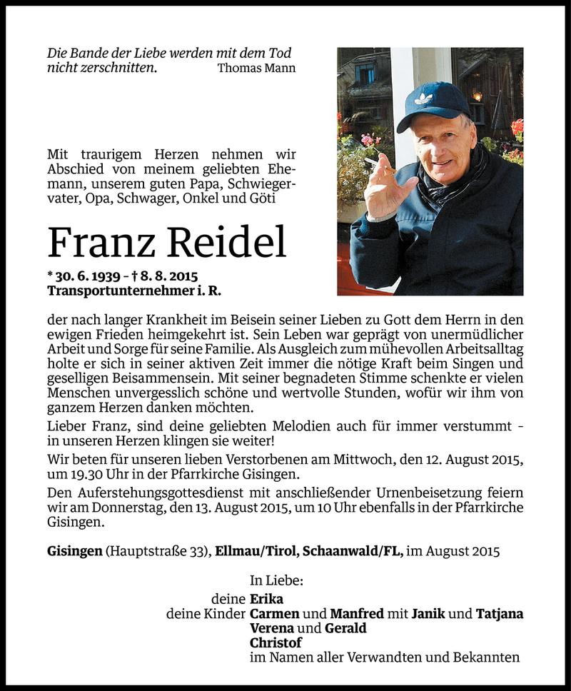  Todesanzeige für Franz Reidel vom 10.08.2015 aus Vorarlberger Nachrichten