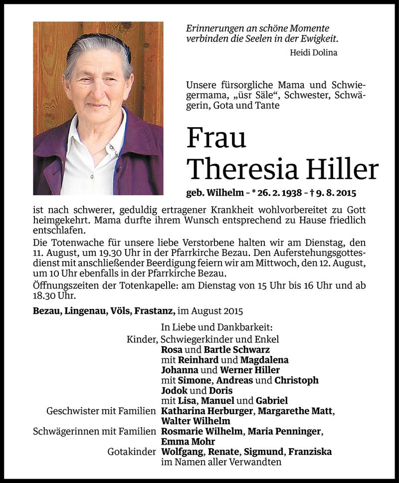  Todesanzeige für Theresia Hiller vom 10.08.2015 aus Vorarlberger Nachrichten