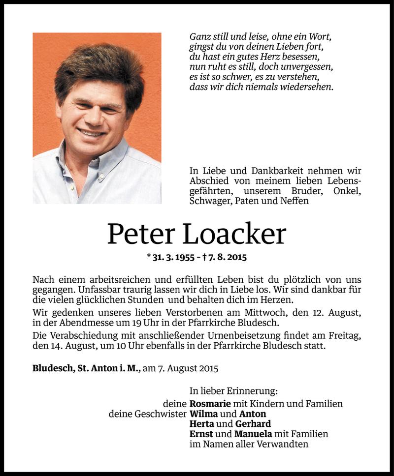  Todesanzeige für Peter Loacker vom 10.08.2015 aus Vorarlberger Nachrichten