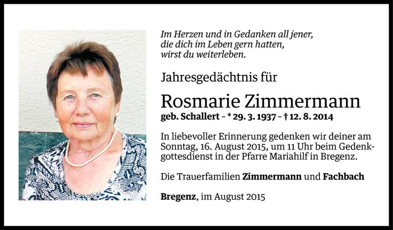  Todesanzeige für Rosmarie Zimmermann vom 11.08.2015 aus Vorarlberger Nachrichten