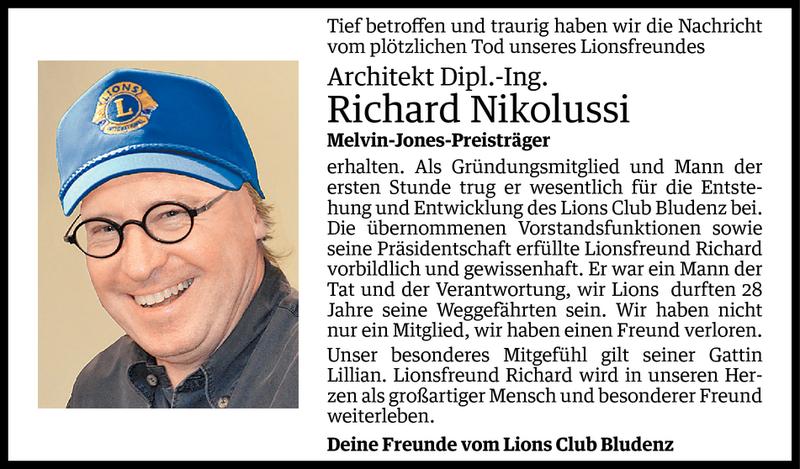  Todesanzeige für Richard Nikolussi vom 11.08.2015 aus Vorarlberger Nachrichten