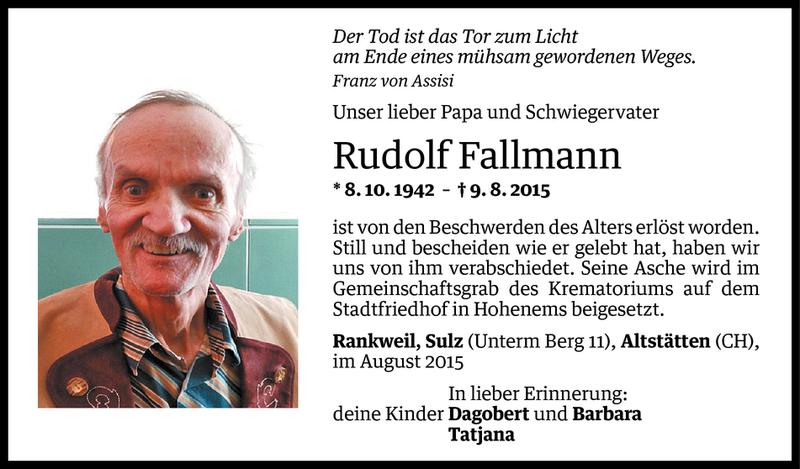  Todesanzeige für Rudolf Fallmann vom 12.08.2015 aus Vorarlberger Nachrichten