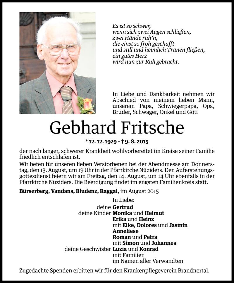  Todesanzeige für Gebhard Fritsche vom 12.08.2015 aus Vorarlberger Nachrichten