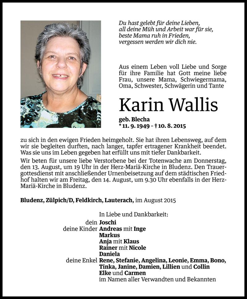  Todesanzeige für Karin Wallis vom 12.08.2015 aus Vorarlberger Nachrichten