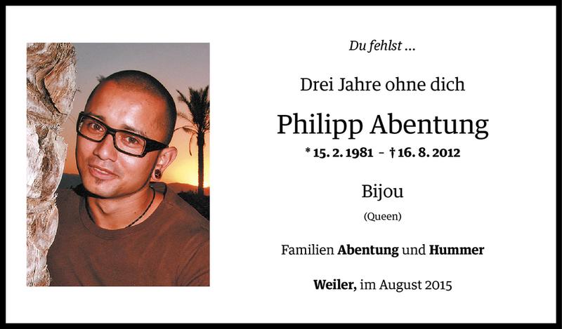  Todesanzeige für Philipp Abentung vom 14.08.2015 aus Vorarlberger Nachrichten