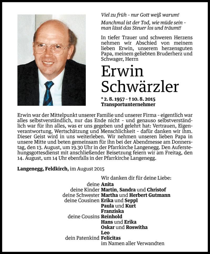  Todesanzeige für Erwin Schwärzler vom 11.08.2015 aus Vorarlberger Nachrichten