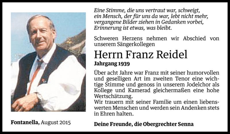  Todesanzeige für Franz Reidel vom 11.08.2015 aus Vorarlberger Nachrichten