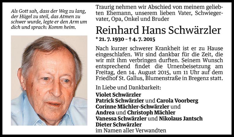  Todesanzeige für Reinhard Hans Schwärzler vom 11.08.2015 aus Vorarlberger Nachrichten