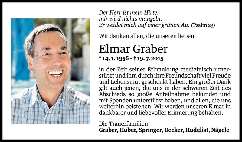  Todesanzeige für Elmar Graber vom 12.08.2015 aus Vorarlberger Nachrichten