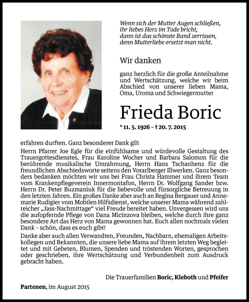  Todesanzeige für Frieda Boric vom 13.08.2015 aus Vorarlberger Nachrichten