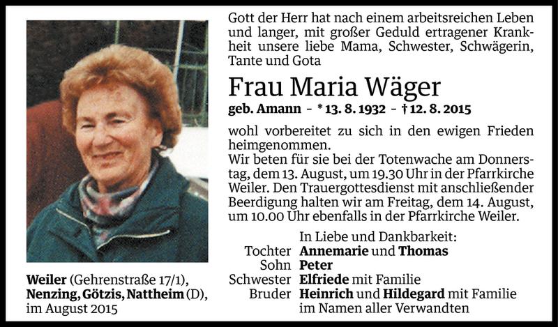  Todesanzeige für Maria Wäger vom 13.08.2015 aus Vorarlberger Nachrichten