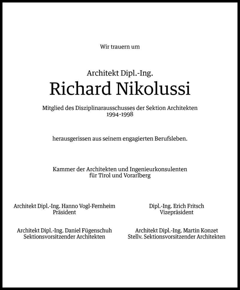  Todesanzeige für Richard Nikolussi vom 12.08.2015 aus Vorarlberger Nachrichten
