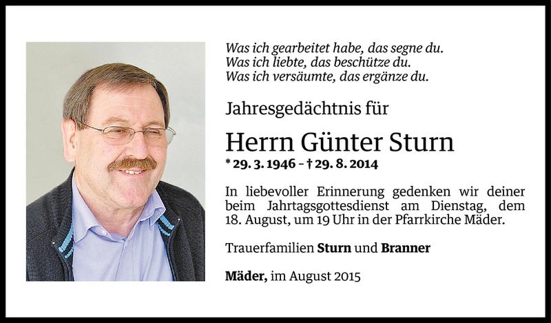  Todesanzeige für Günter Sturn vom 13.08.2015 aus Vorarlberger Nachrichten