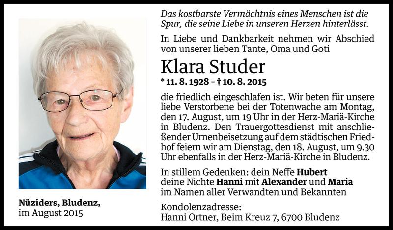  Todesanzeige für Klara Studer vom 14.08.2015 aus Vorarlberger Nachrichten