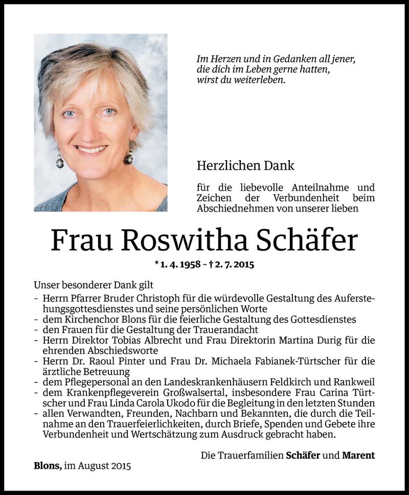  Todesanzeige für Roswitha Schäfer vom 13.08.2015 aus Vorarlberger Nachrichten