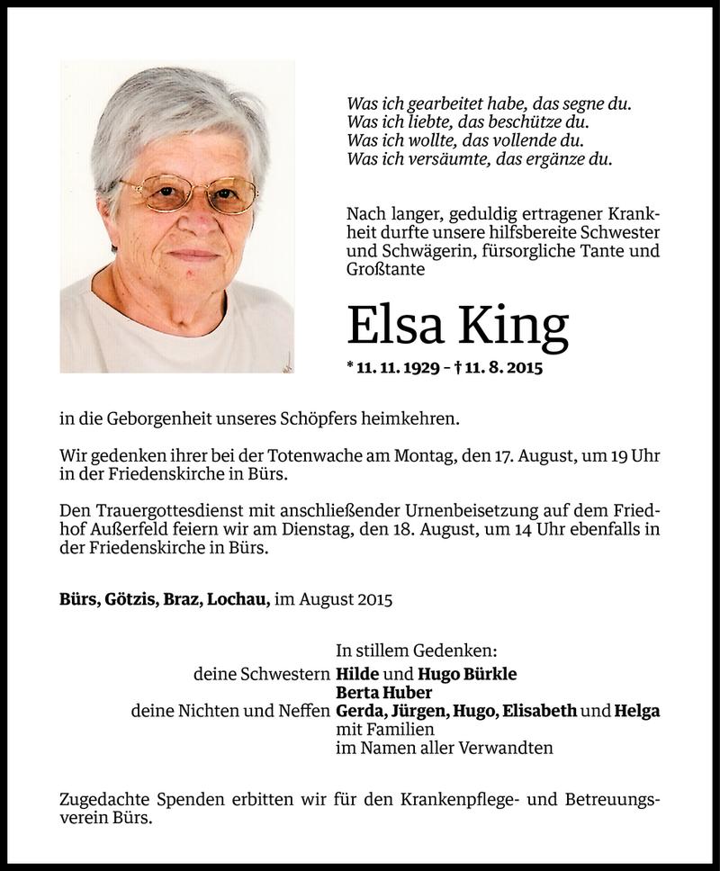  Todesanzeige für Elsa King vom 14.08.2015 aus Vorarlberger Nachrichten