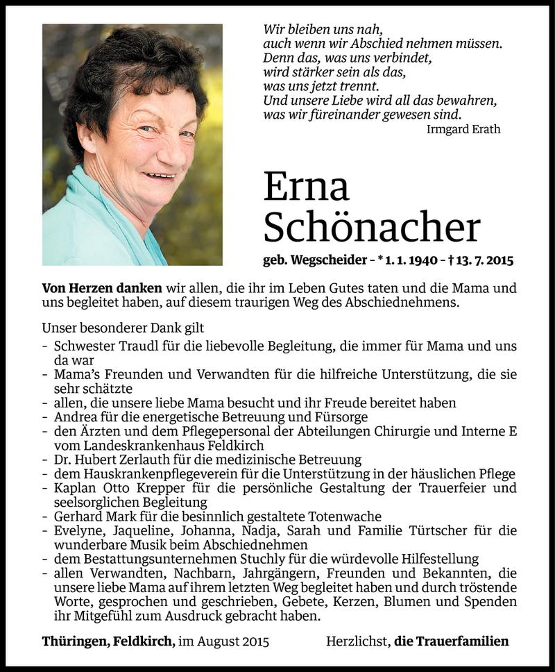  Todesanzeige für Erna Schönacher vom 13.08.2015 aus Vorarlberger Nachrichten