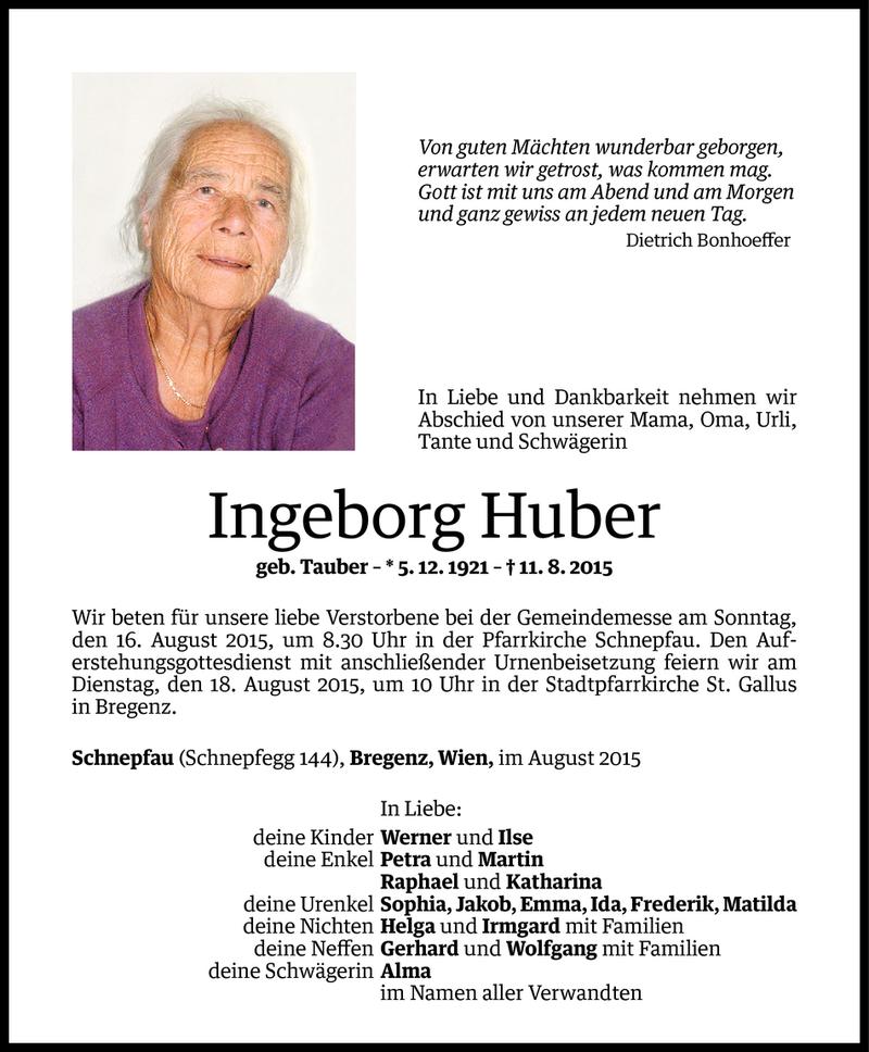  Todesanzeige für Ingeborg Huber vom 13.08.2015 aus Vorarlberger Nachrichten