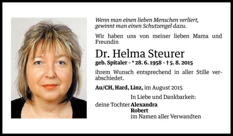  Todesanzeige für Dr. Helma Steurer vom 13.08.2015 aus Vorarlberger Nachrichten