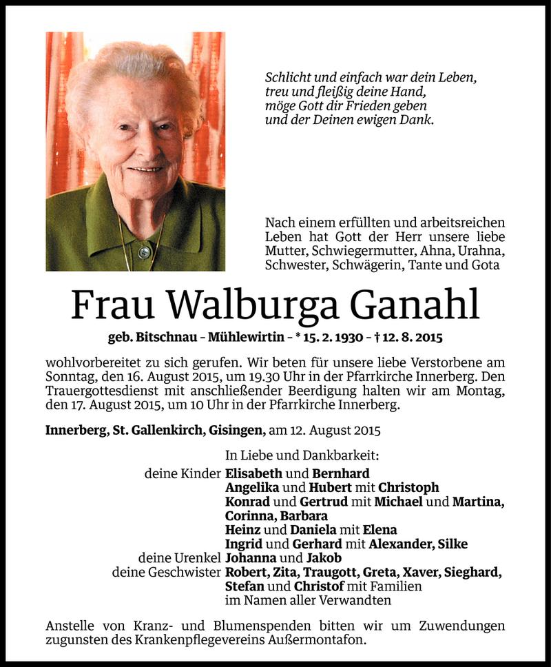  Todesanzeige für Walburga Ganahl vom 13.08.2015 aus Vorarlberger Nachrichten