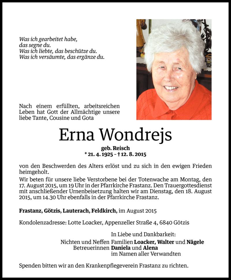  Todesanzeige für Erna Wondrejs vom 13.08.2015 aus Vorarlberger Nachrichten