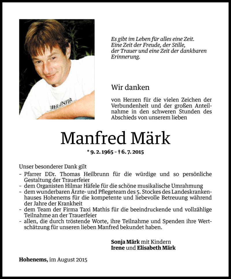  Todesanzeige für Manfred Märk vom 13.08.2015 aus Vorarlberger Nachrichten