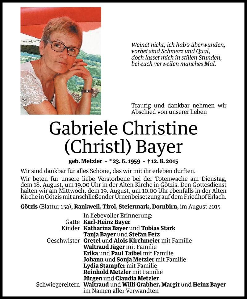  Todesanzeige für Gabriele Christine Bayer vom 14.08.2015 aus Vorarlberger Nachrichten