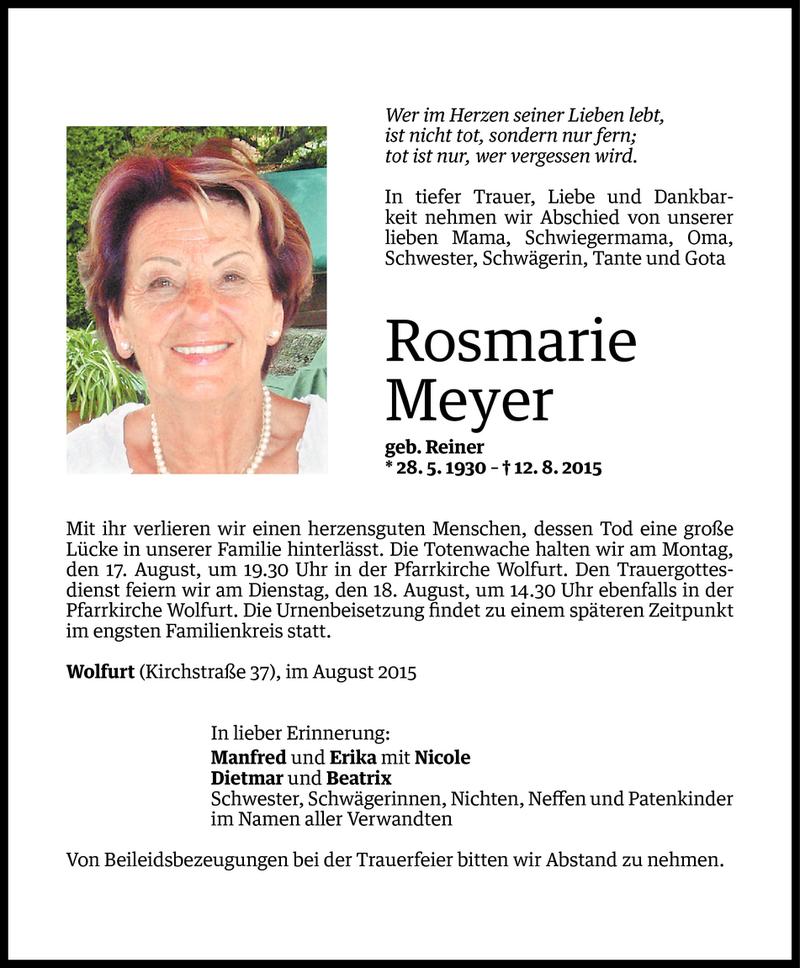  Todesanzeige für Rosmarie Meyer vom 13.08.2015 aus Vorarlberger Nachrichten