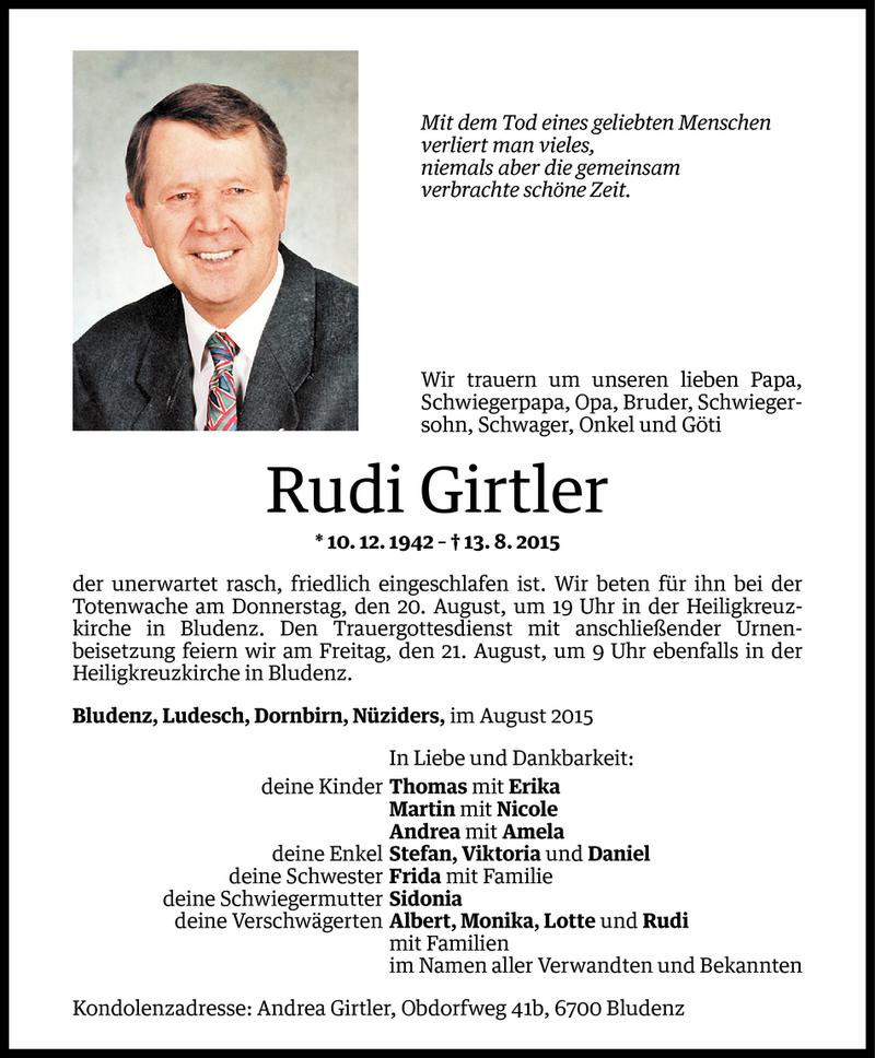  Todesanzeige für Rudi Girtler vom 17.08.2015 aus Vorarlberger Nachrichten