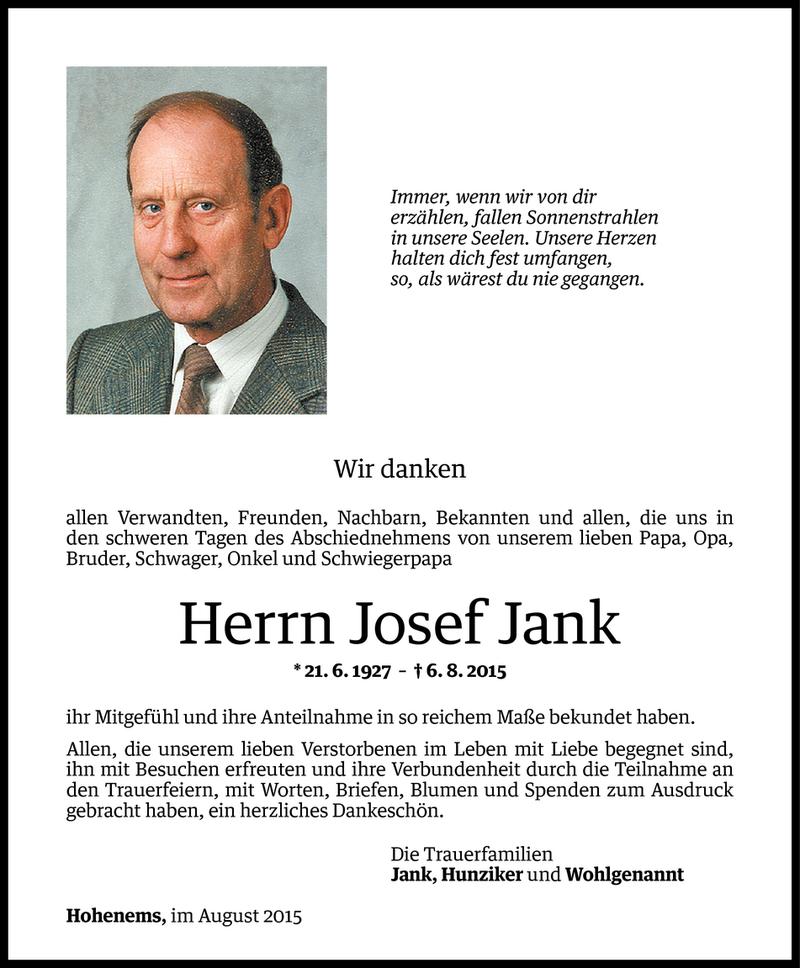  Todesanzeige für Josef Jank vom 19.08.2015 aus Vorarlberger Nachrichten