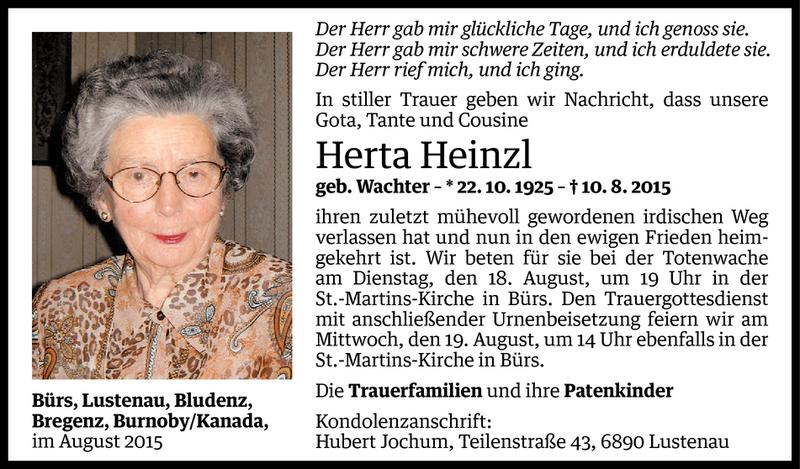  Todesanzeige für Herta Heinzl vom 16.08.2015 aus Vorarlberger Nachrichten