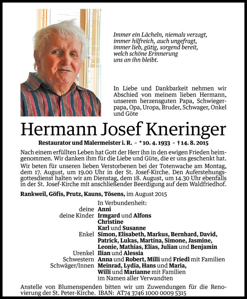  Todesanzeige für Hermann Josef Kneringer vom 17.08.2015 aus Vorarlberger Nachrichten