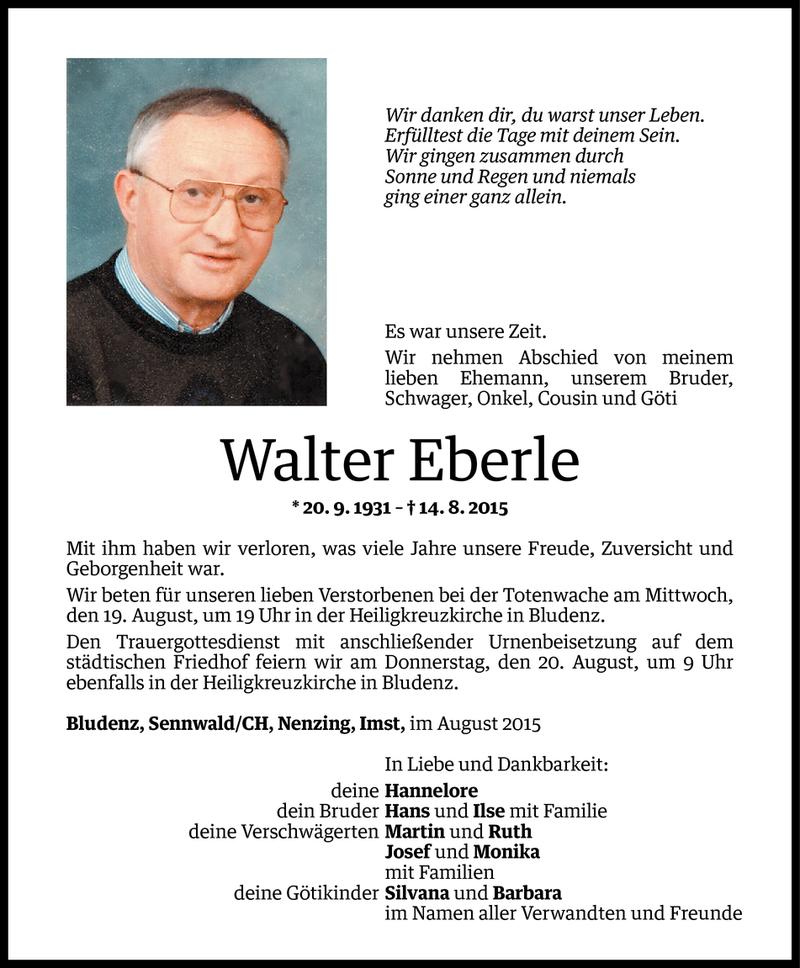  Todesanzeige für Walter Eberle vom 17.08.2015 aus Vorarlberger Nachrichten