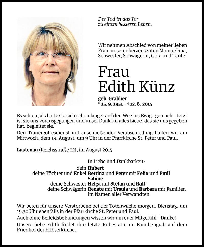  Todesanzeige für Edith Künz vom 16.08.2015 aus Vorarlberger Nachrichten