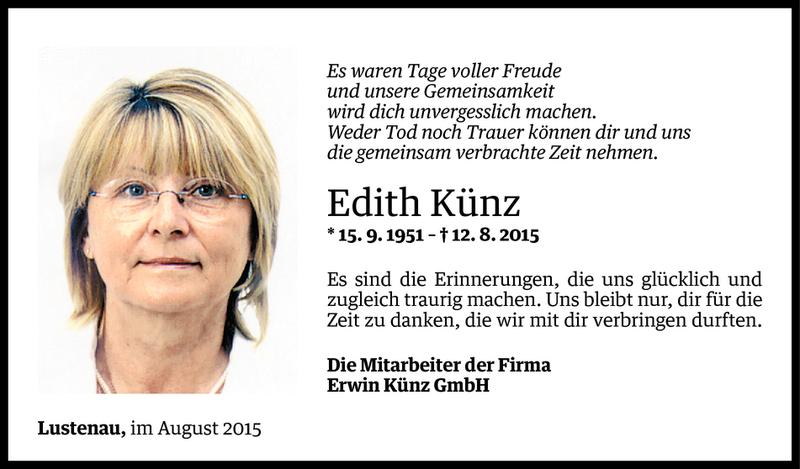  Todesanzeige für Edith Künz vom 16.08.2015 aus Vorarlberger Nachrichten