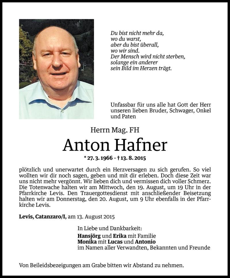  Todesanzeige für Anton Hafner vom 17.08.2015 aus Vorarlberger Nachrichten