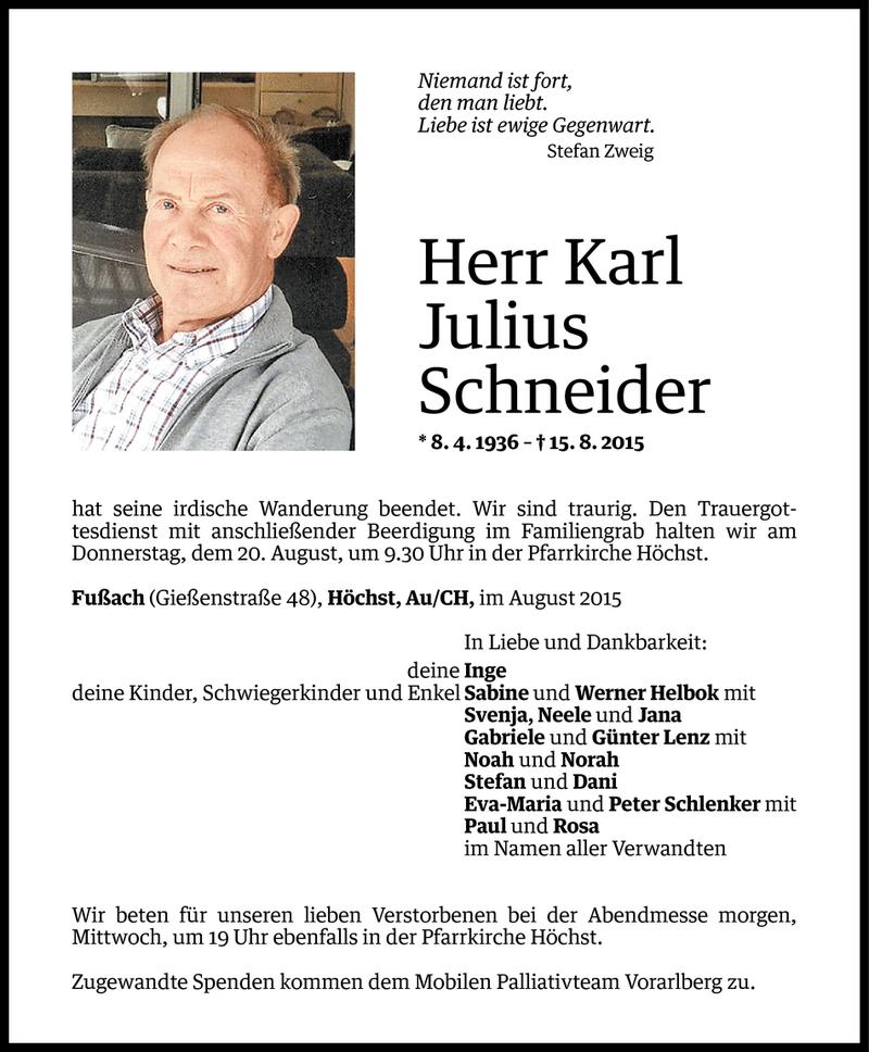  Todesanzeige für Karl Julius Schneider vom 17.08.2015 aus Vorarlberger Nachrichten