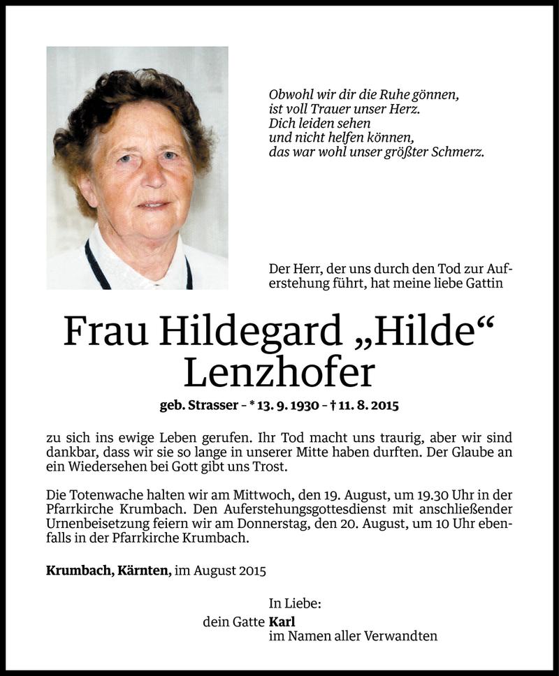  Todesanzeige für Hildegard Lenzhofer vom 17.08.2015 aus Vorarlberger Nachrichten