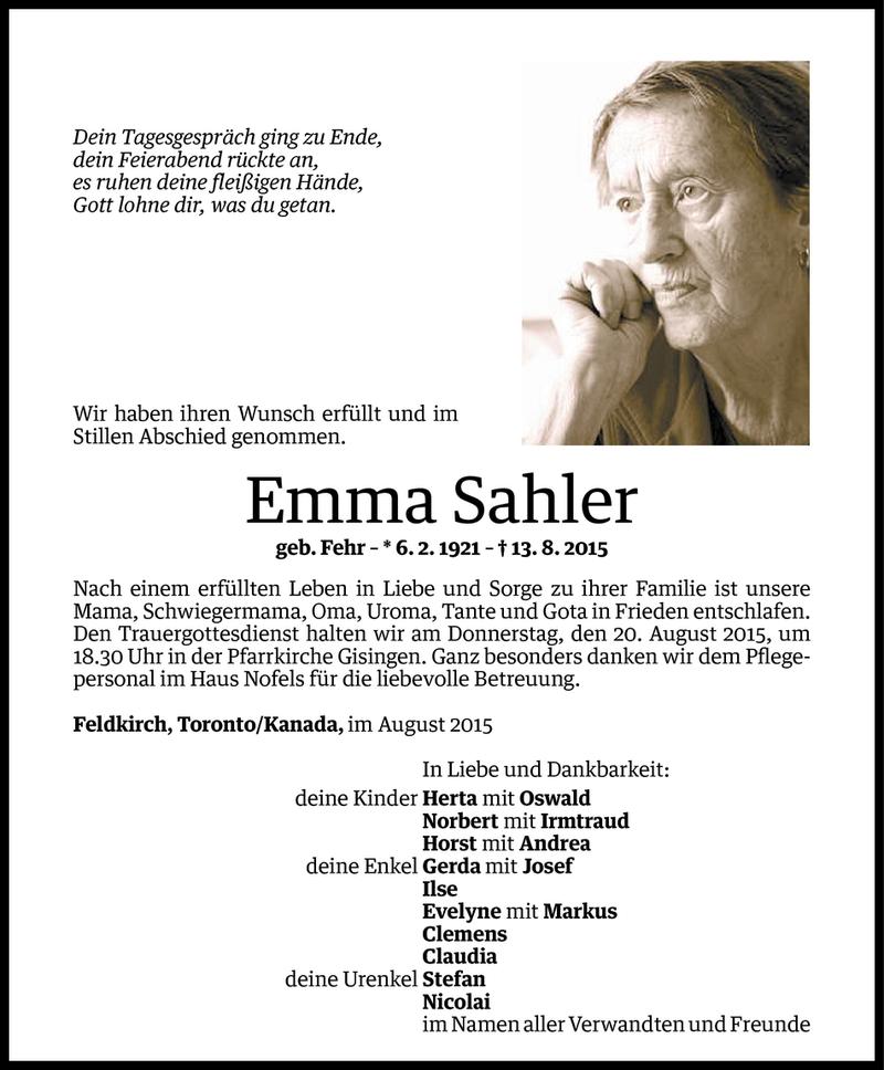  Todesanzeige für Emma Sahler vom 18.08.2015 aus Vorarlberger Nachrichten