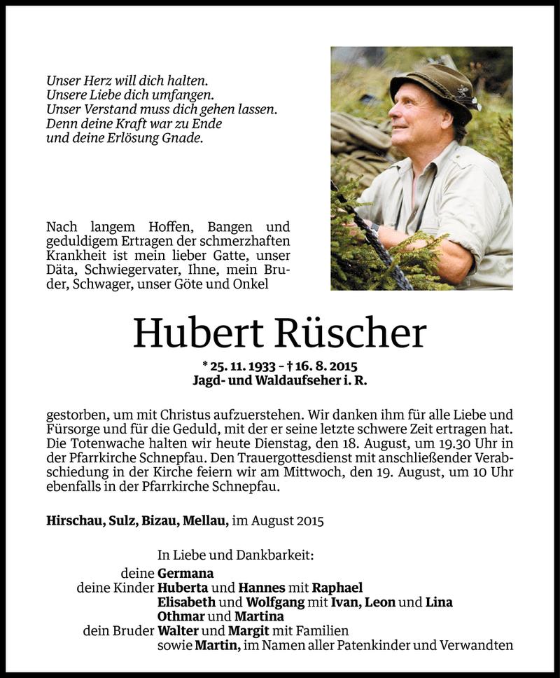  Todesanzeige für Hubert Rüscher vom 17.08.2015 aus Vorarlberger Nachrichten