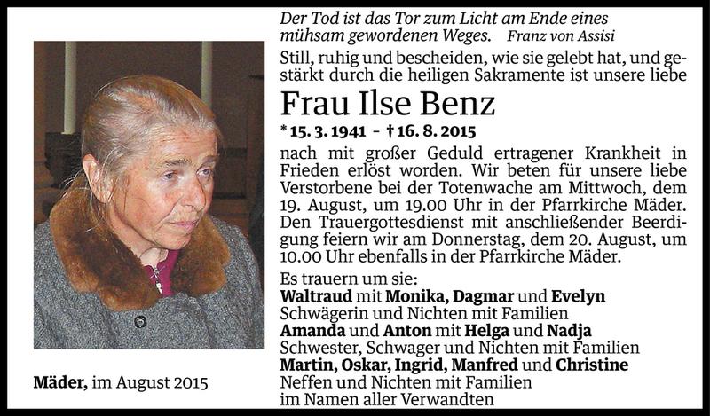  Todesanzeige für Ilse Benz vom 18.08.2015 aus Vorarlberger Nachrichten