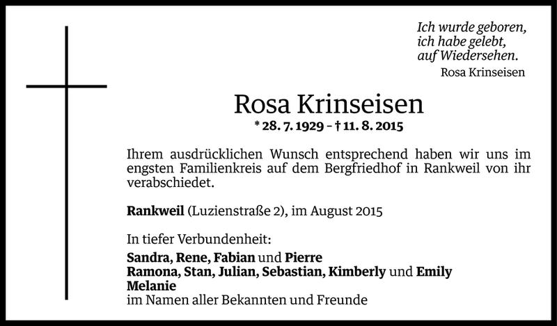  Todesanzeige für Rosa Krinseisen vom 18.08.2015 aus Vorarlberger Nachrichten