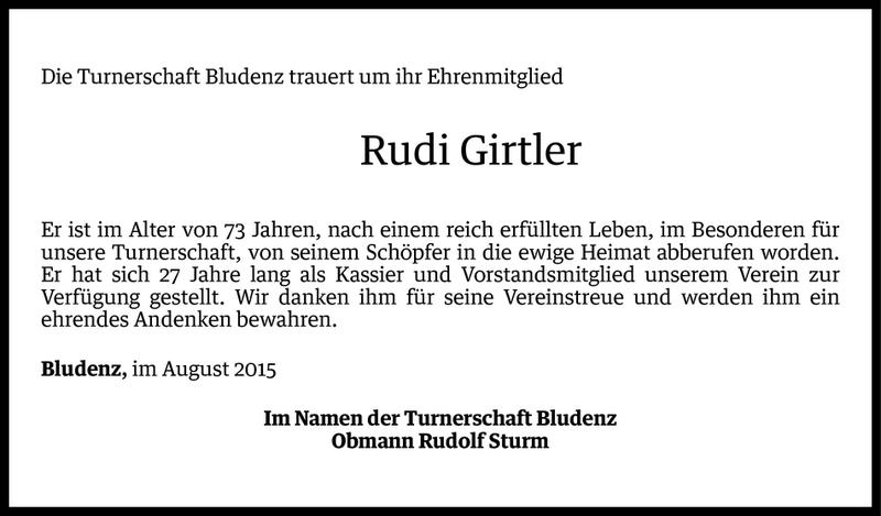  Todesanzeige für Rudi Girtler vom 17.08.2015 aus Vorarlberger Nachrichten