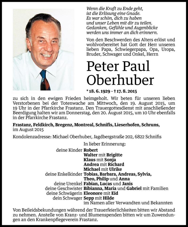  Todesanzeige für Peter Paul Oberhuber vom 17.08.2015 aus Vorarlberger Nachrichten