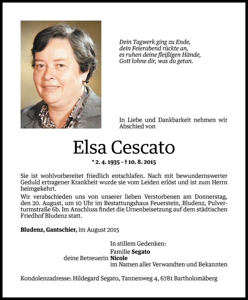  Todesanzeige für Elsa Cescato vom 18.08.2015 aus Vorarlberger Nachrichten