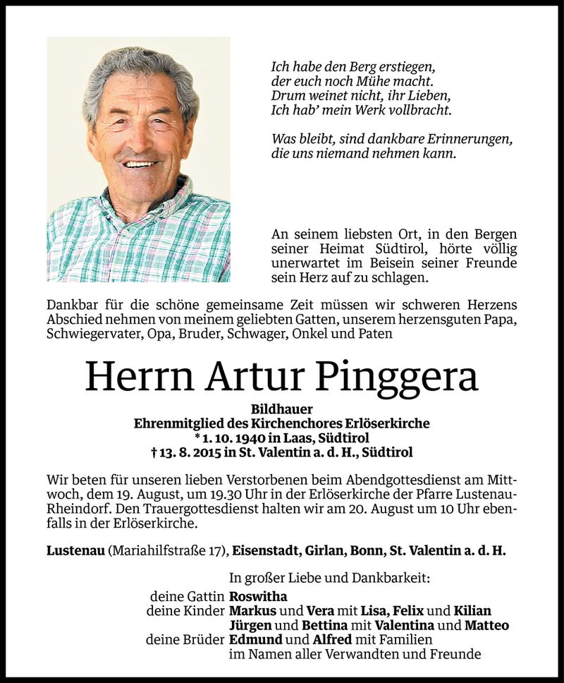  Todesanzeige für Artur Pinggera vom 17.08.2015 aus Vorarlberger Nachrichten