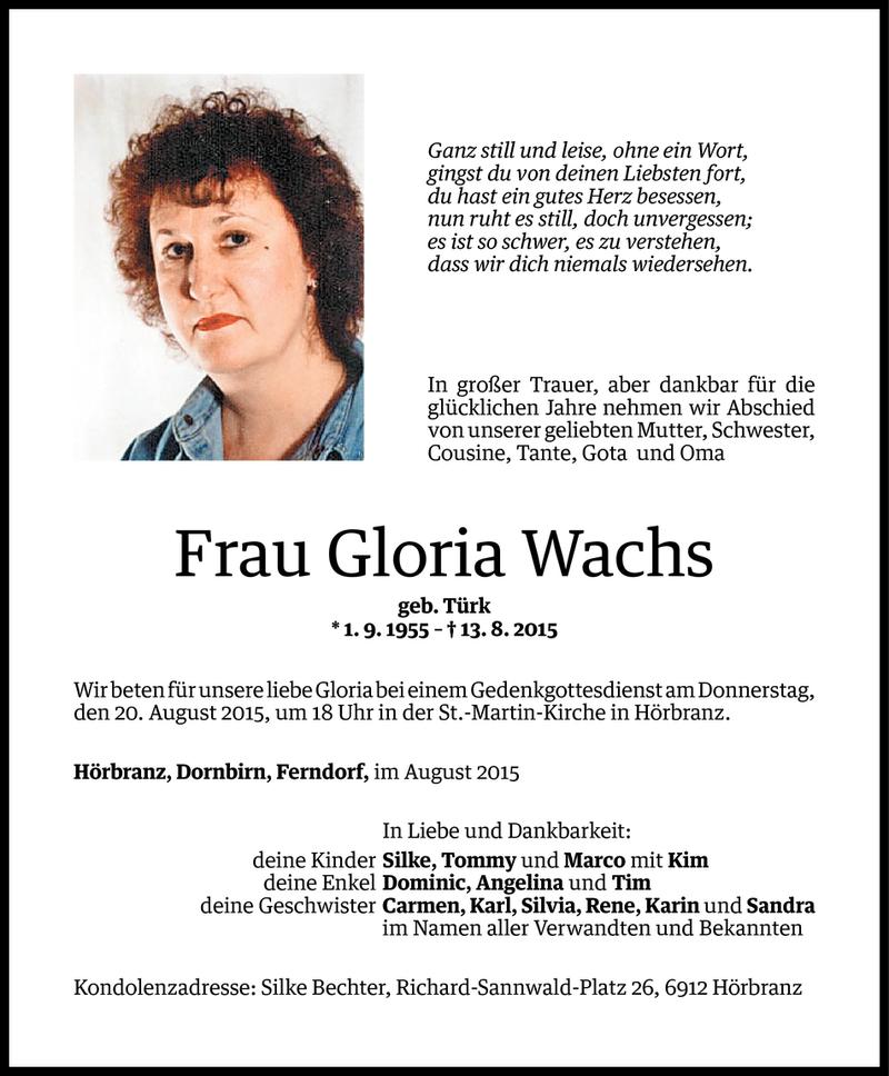  Todesanzeige für Gloria Wachs vom 17.08.2015 aus Vorarlberger Nachrichten