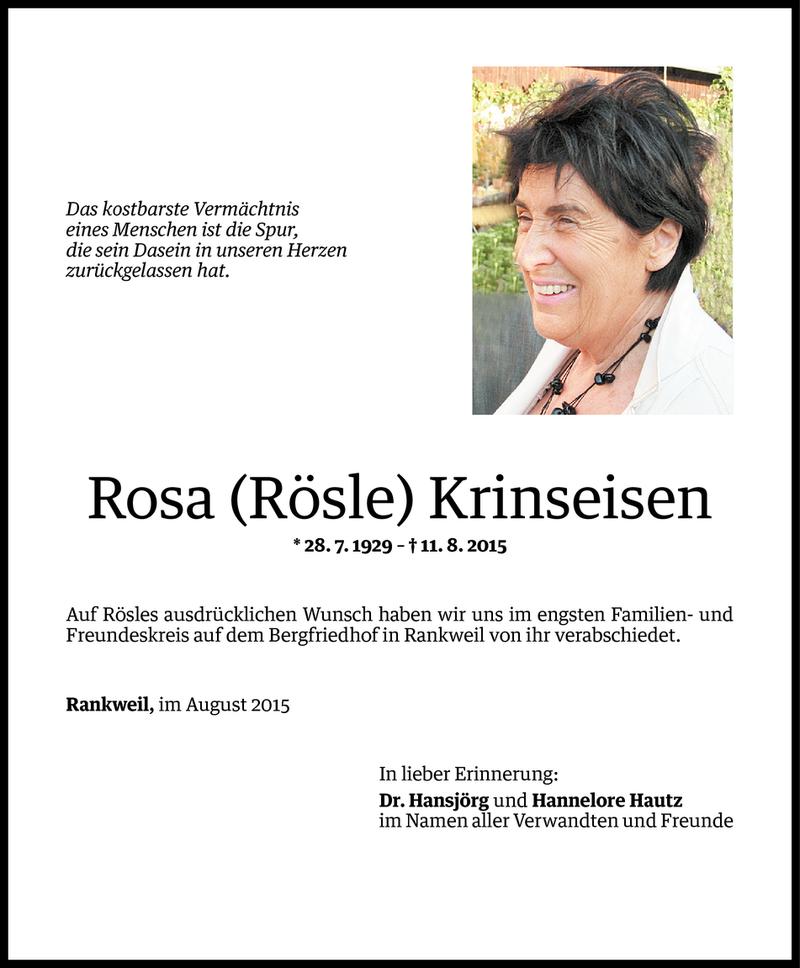  Todesanzeige für Rosa Krinseisen vom 17.08.2015 aus Vorarlberger Nachrichten